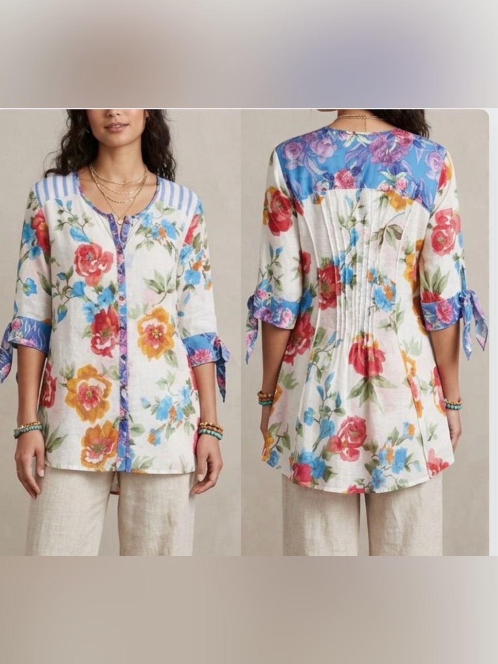 Aratta Silent Journey Floral Boho Beaded Tunic L Lightweight Sheer Tie Cuffs